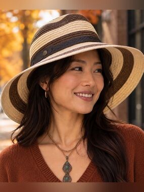Striped Wide-Brim Sun Hat - Brown & Natural